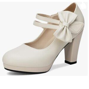FOWT Ivory Round Toe Ankle Bowknot Pumps Hook Loop Block Mid Heel Mary Jane Shoe